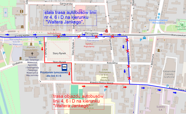 Objazd linii 4, 6, D - mapka